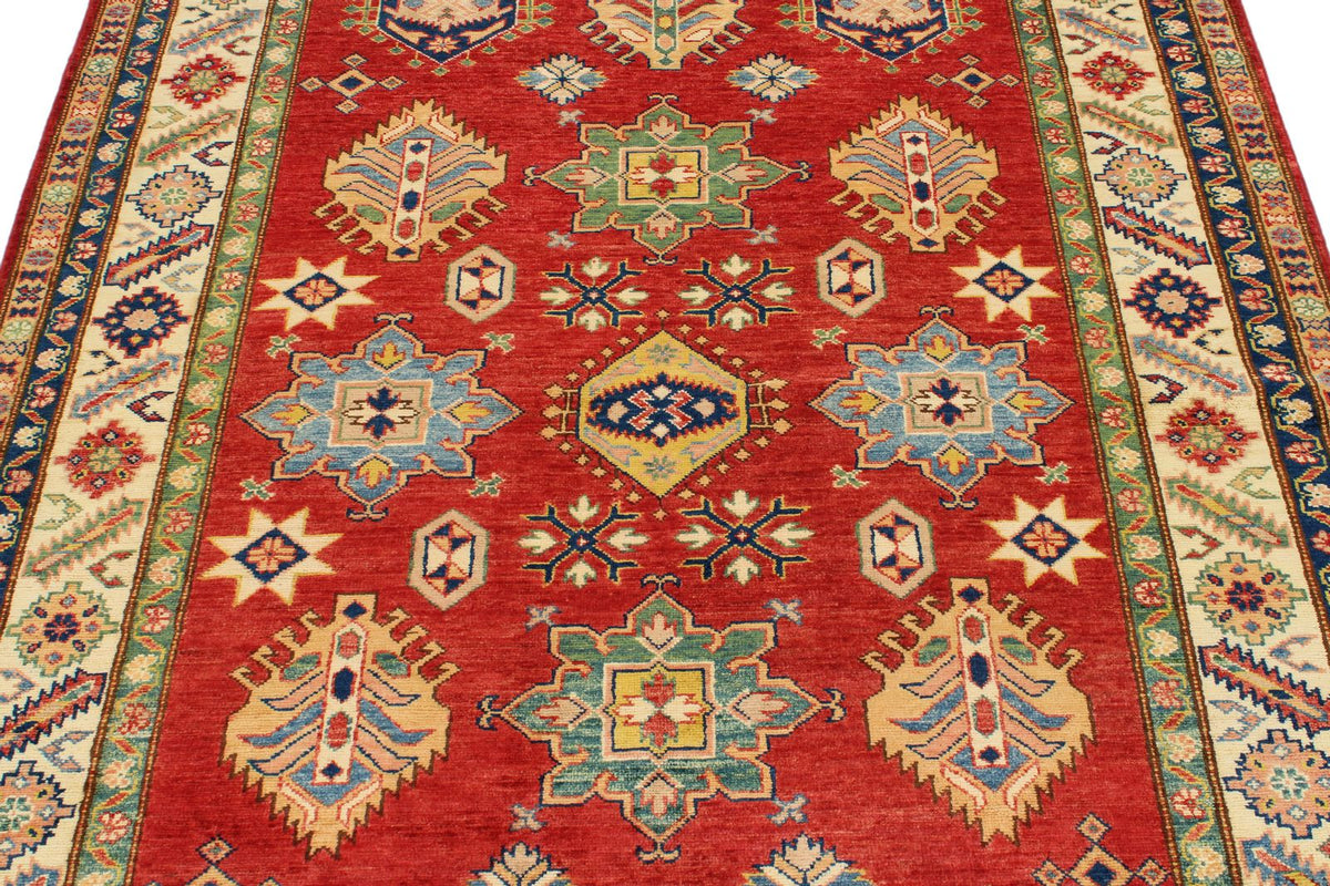 5x7 Red and Ivory Kazak Tribal Rug