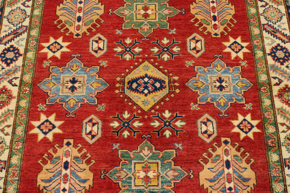 5x7 Red and Ivory Kazak Tribal Rug