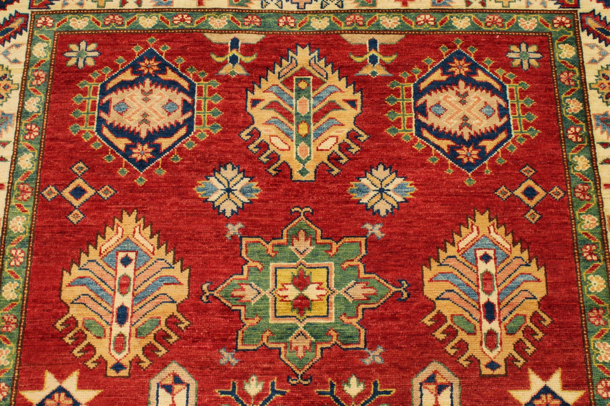 5x7 Red and Ivory Kazak Tribal Rug