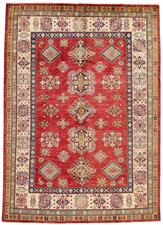 5x7 Red and Ivory Kazak Tribal Rug