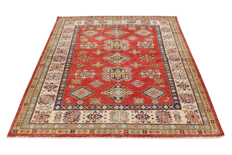 5x7 Red and Ivory Kazak Tribal Rug