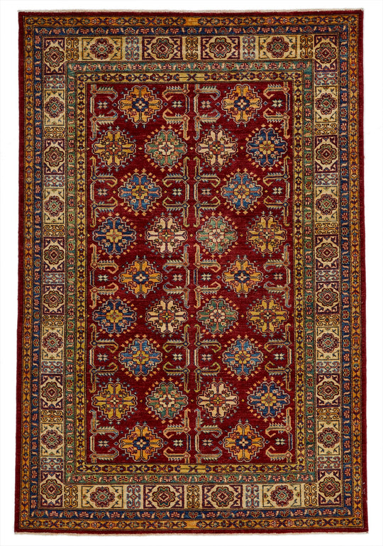 5x7 Red and Ivory Kazak Tribal Rug