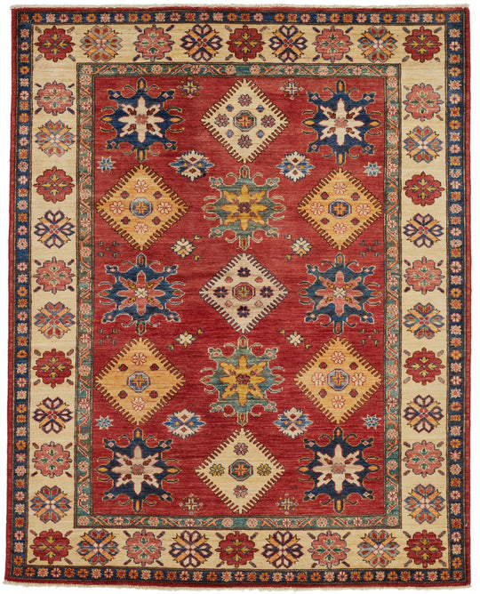 5x6 Red and Ivory Kazak Tribal Rug