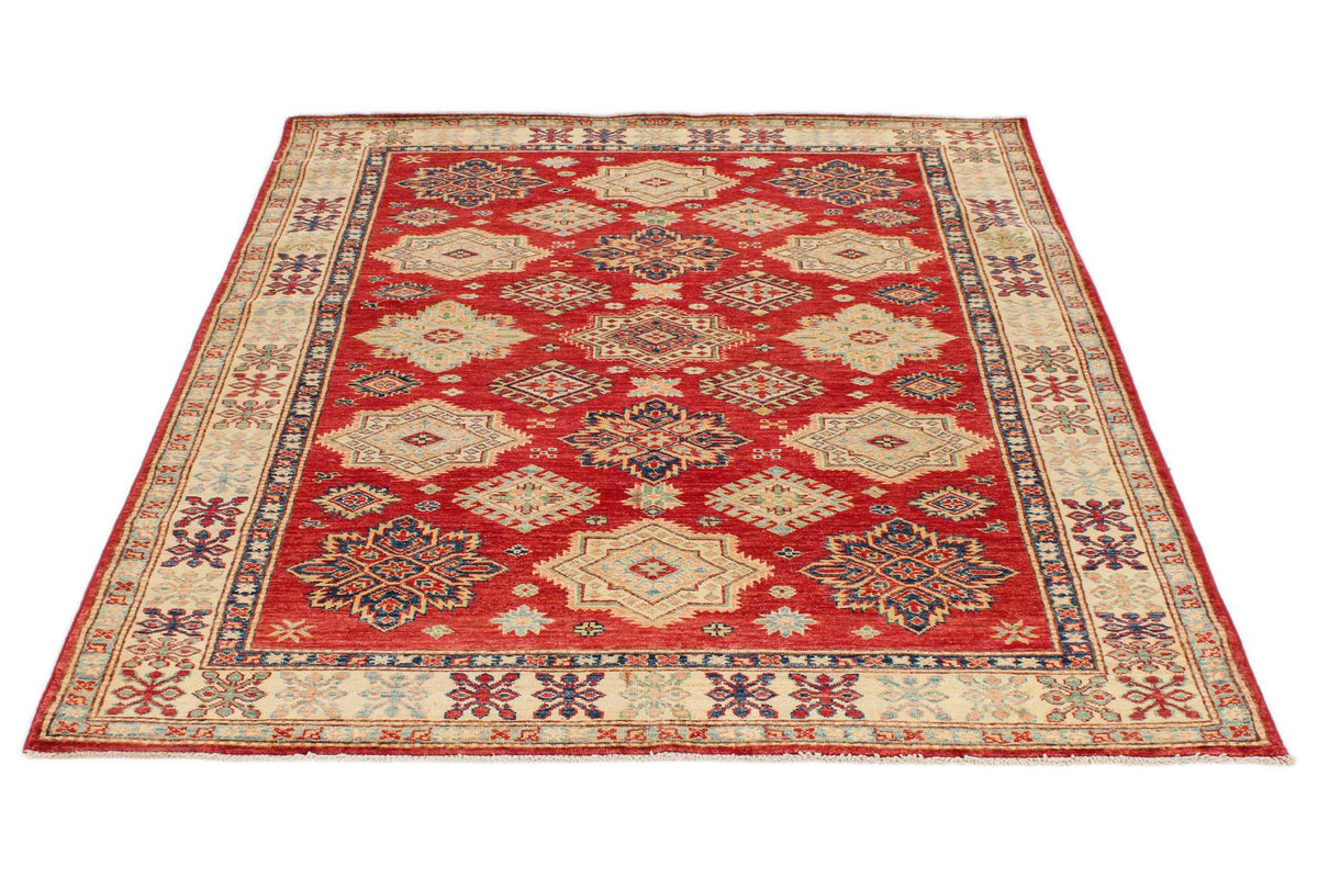 5x6 Red and Ivory Kazak Tribal Rug