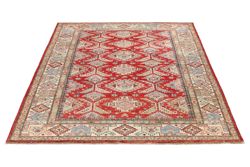 5x7 Red and Ivory Kazak Tribal Rug