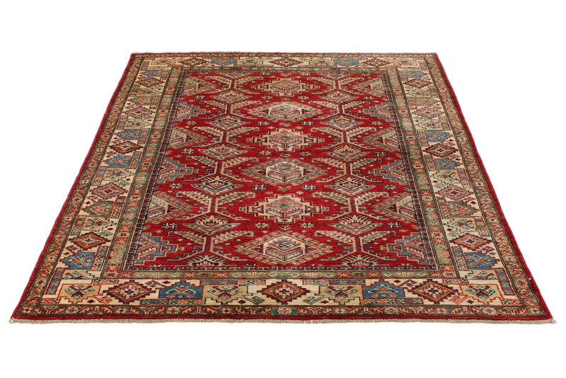 5x7 Red and Ivory Kazak Tribal Rug