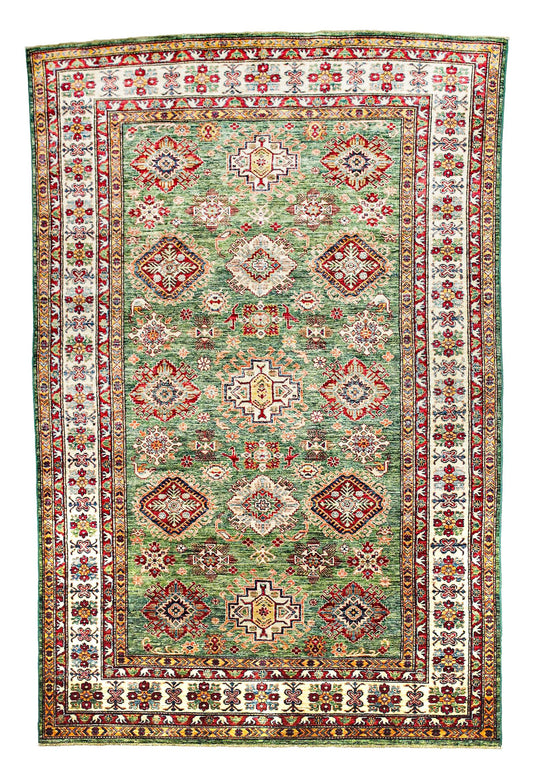 6x10 Green and Ivory Kazak Tribal Rug