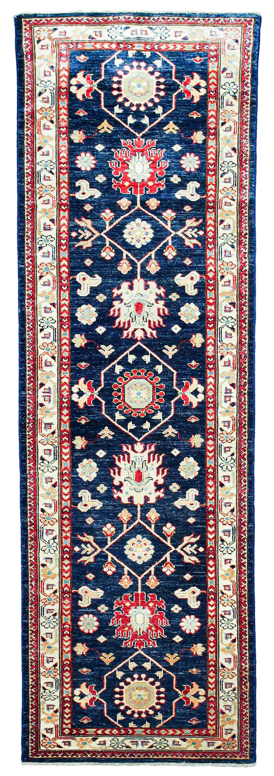 3x8 Navy and Ivory Kazak Tribal Runner