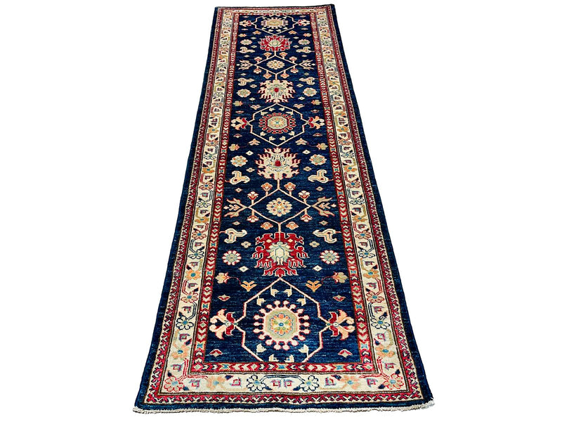 3x8 Navy and Ivory Kazak Tribal Runner