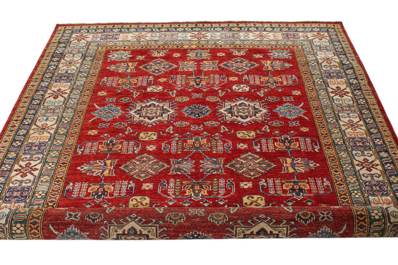 6x9 Red and Ivory Kazak Tribal Rug