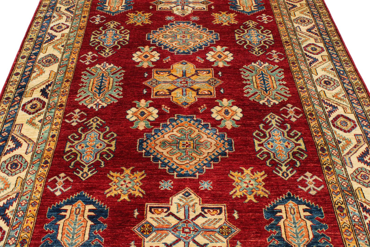 6x8 Red and Ivory Kazak Tribal Rug