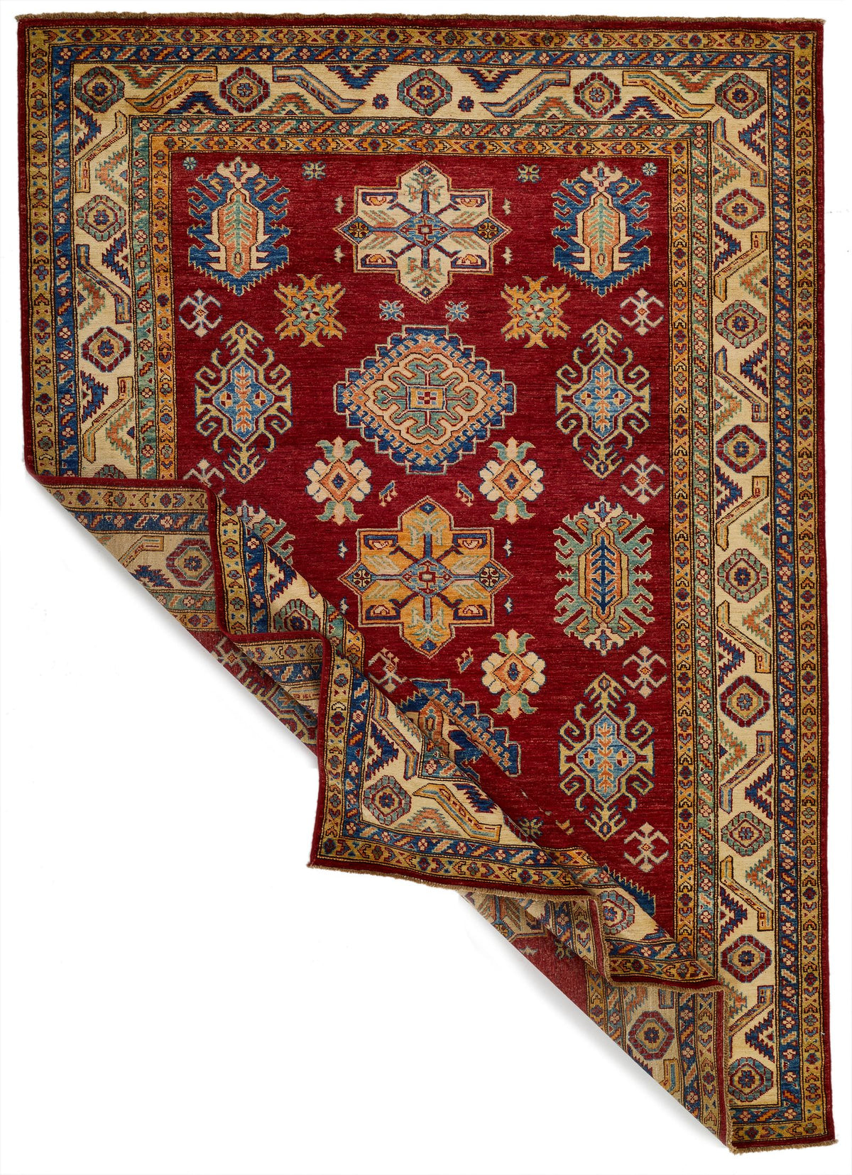 6x8 Red and Ivory Kazak Tribal Rug