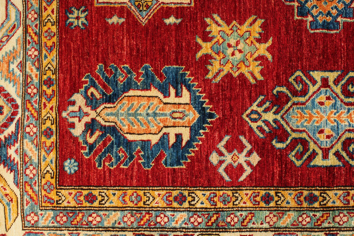 6x8 Red and Ivory Kazak Tribal Rug