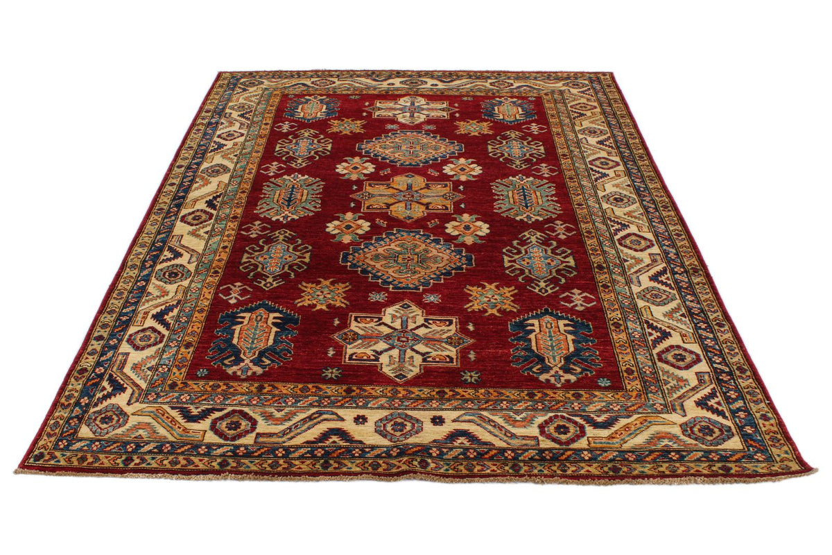 6x8 Red and Ivory Kazak Tribal Rug