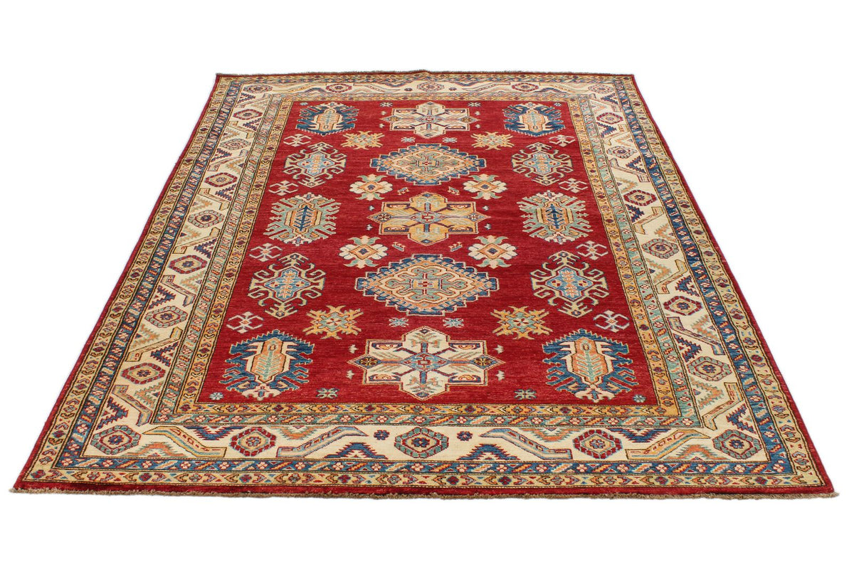 6x8 Red and Ivory Kazak Tribal Rug