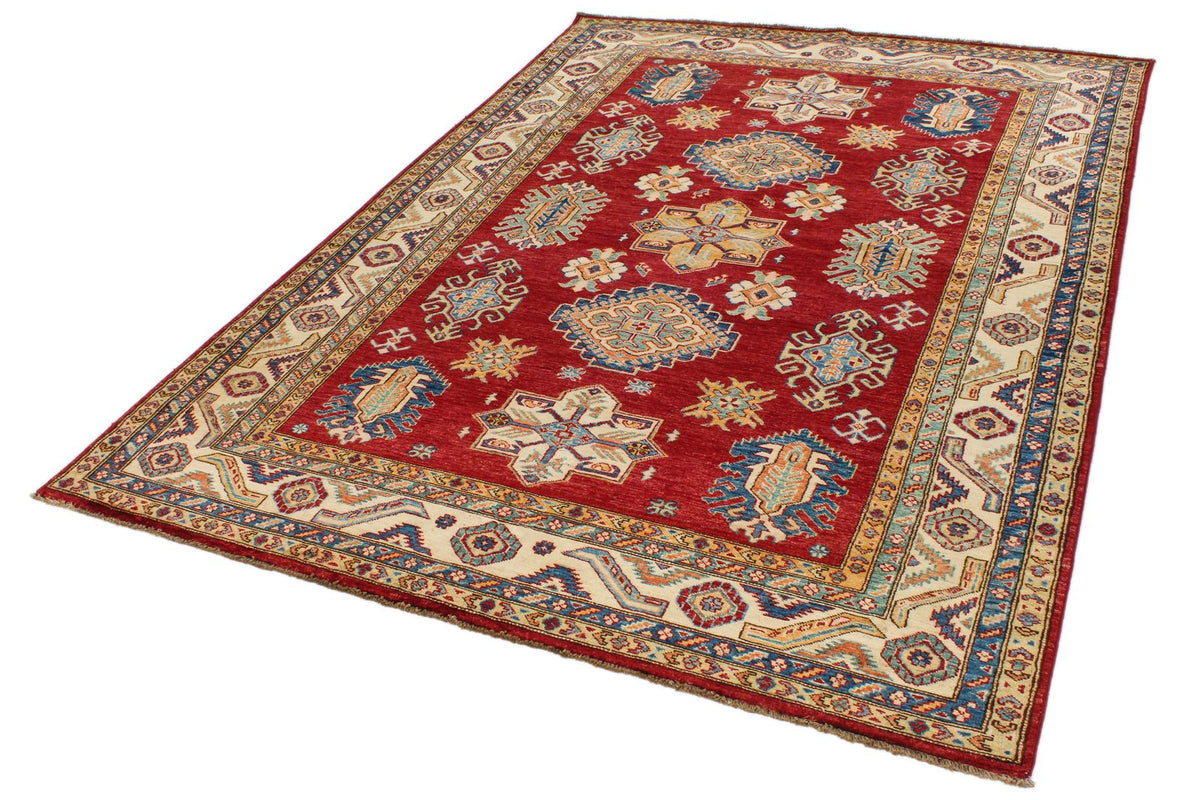 6x8 Red and Ivory Kazak Tribal Rug