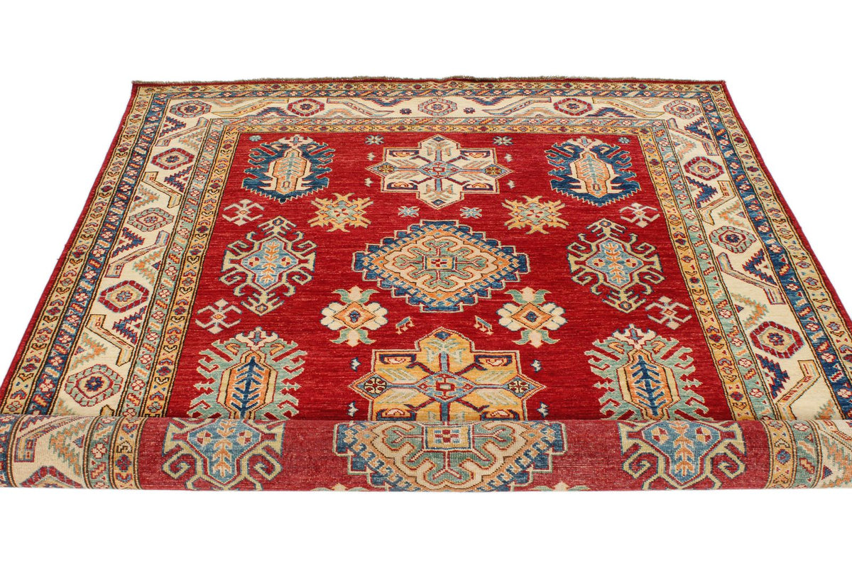 6x8 Red and Ivory Kazak Tribal Rug