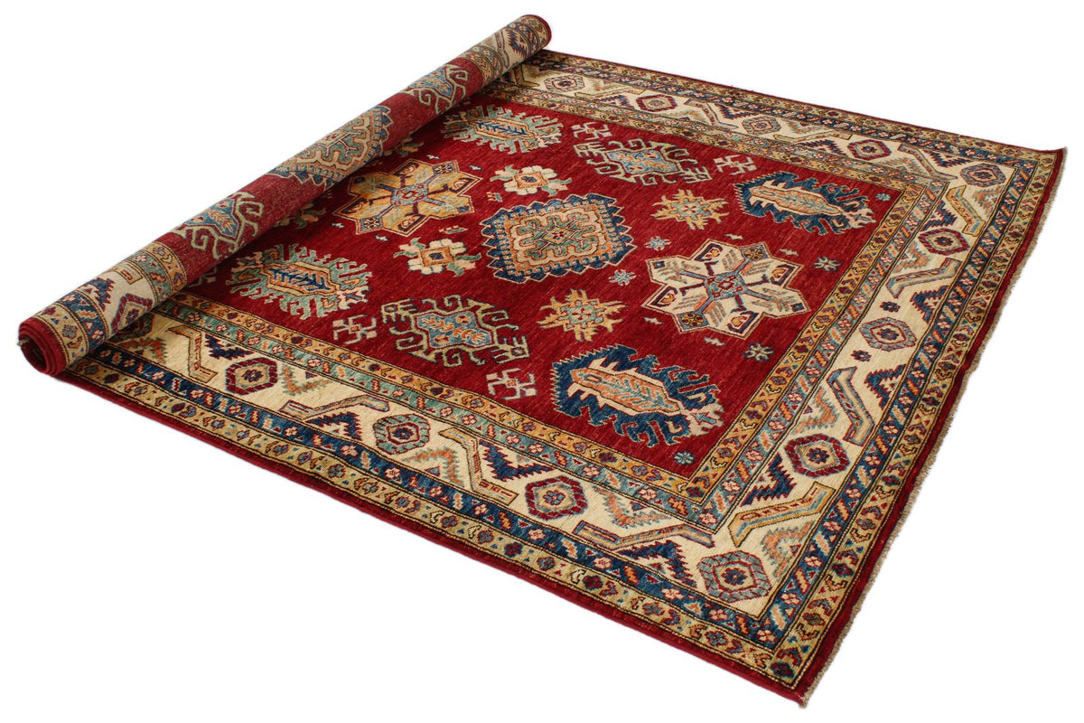 6x8 Red and Ivory Kazak Tribal Rug