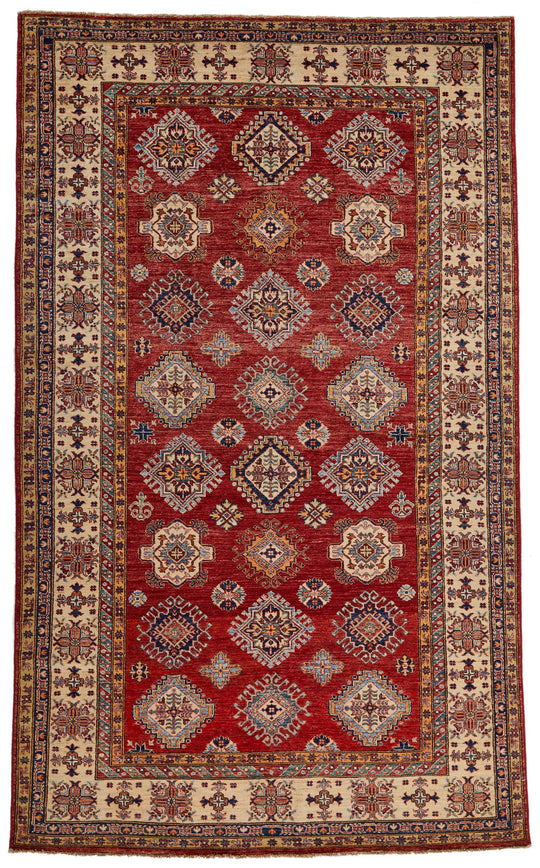 6x10 Red and Ivory Kazak Tribal Rug