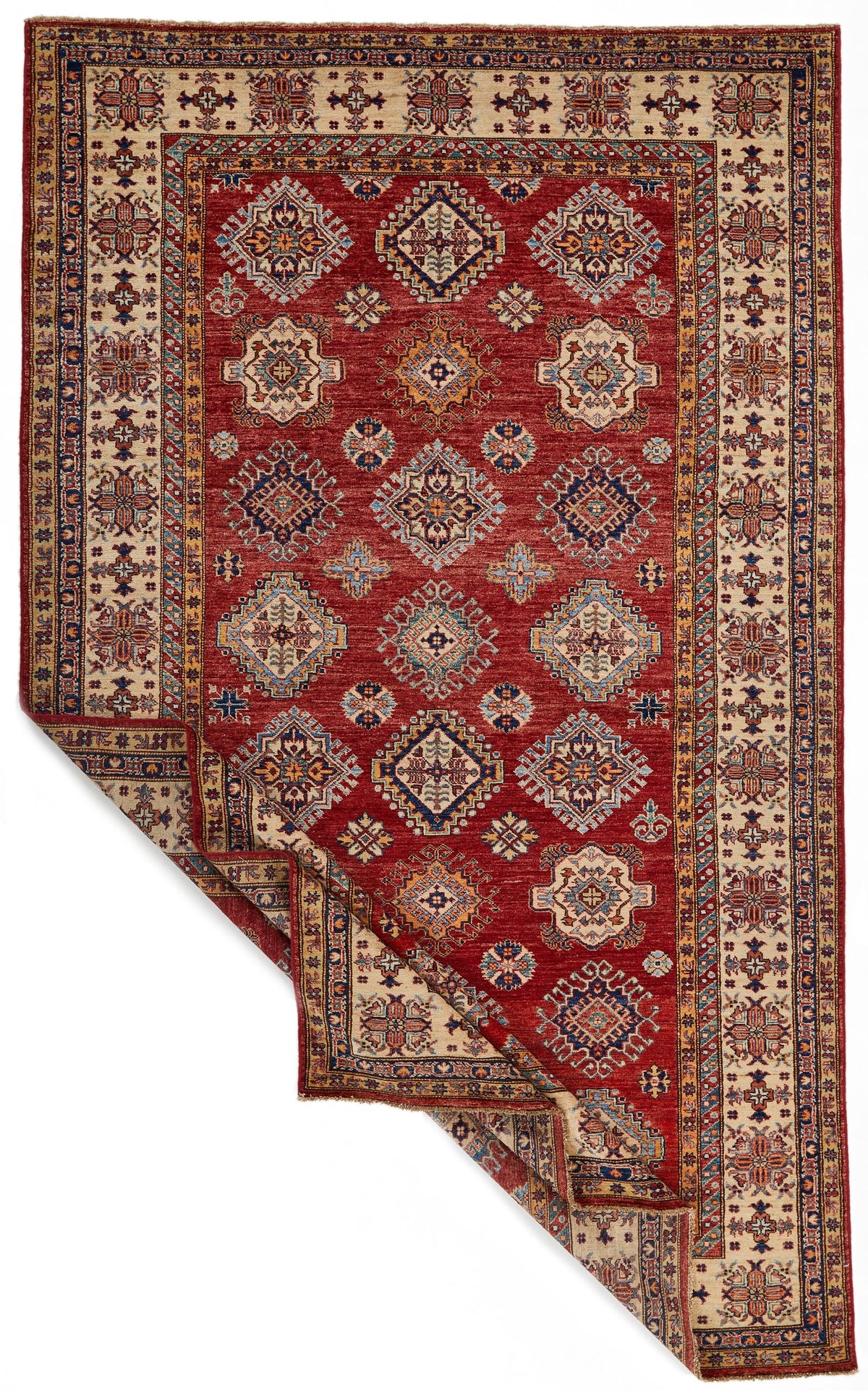 6x10 Red and Ivory Kazak Tribal Rug