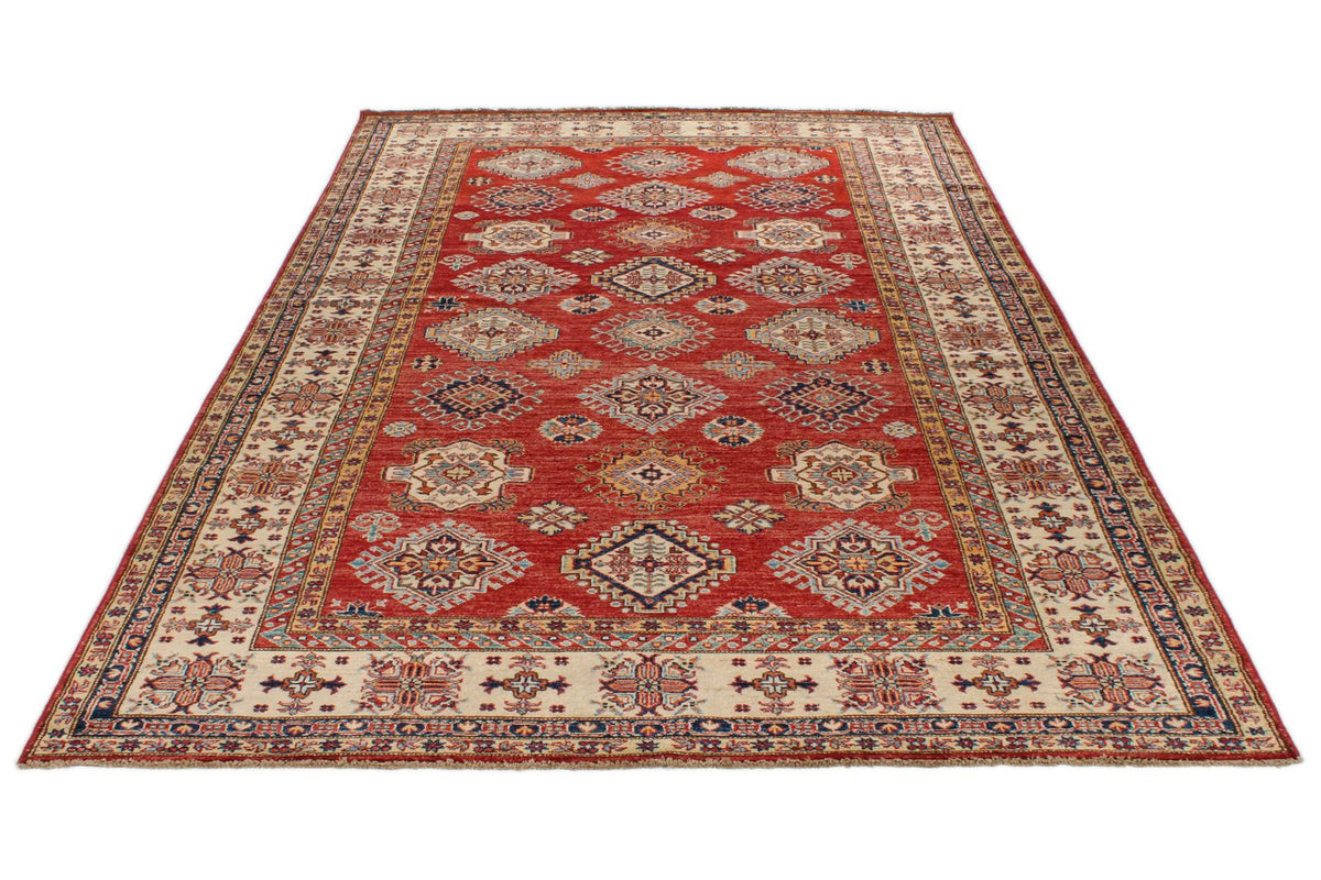 6x10 Red and Ivory Kazak Tribal Rug
