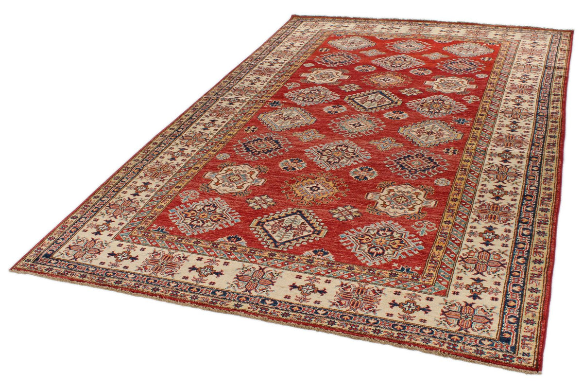 6x10 Red and Ivory Kazak Tribal Rug