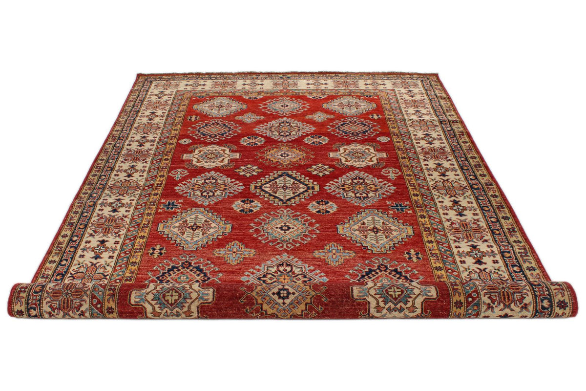 6x10 Red and Ivory Kazak Tribal Rug