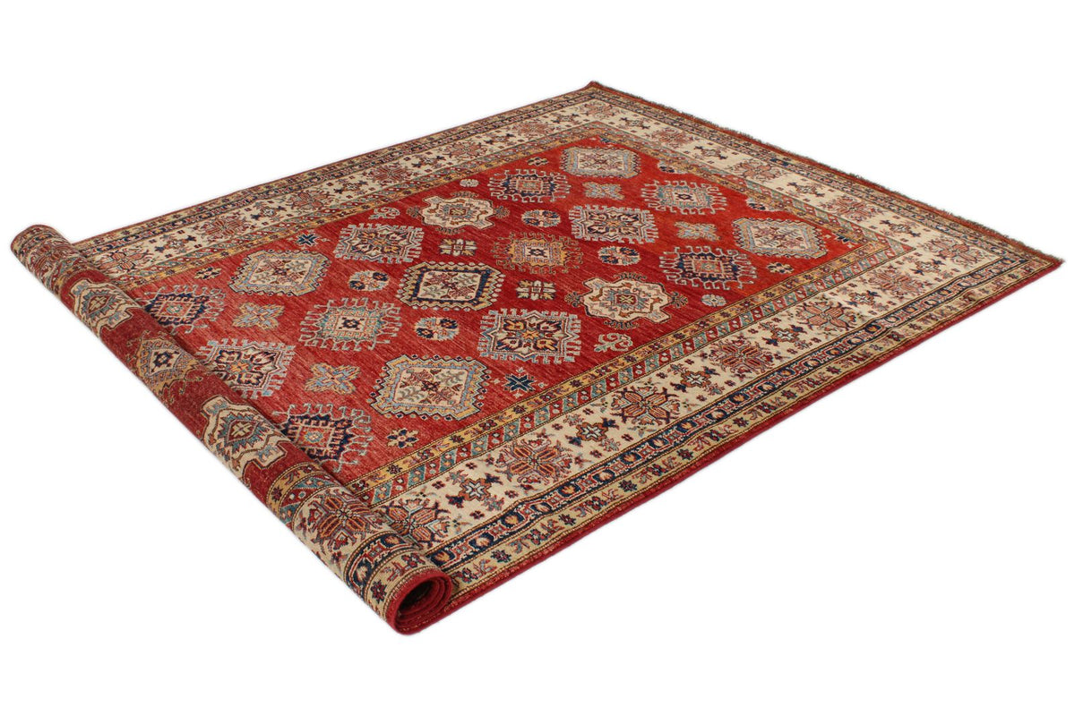 6x10 Red and Ivory Kazak Tribal Rug