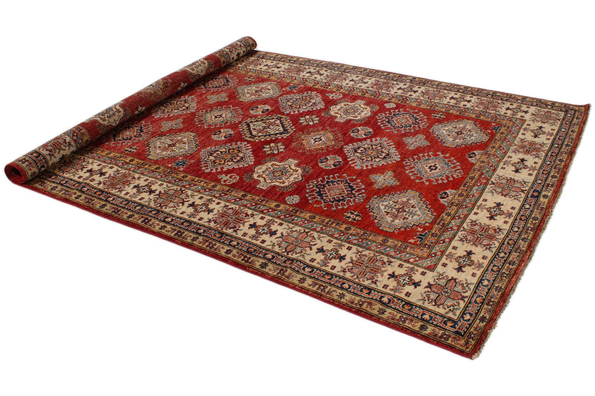 6x10 Red and Ivory Kazak Tribal Rug