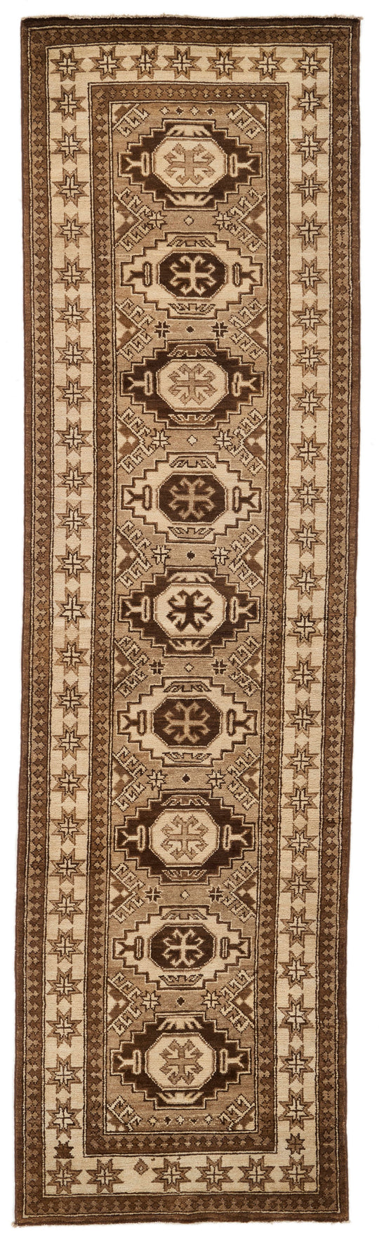 3x9 Brown and Ivory Kazak Tribal Runner