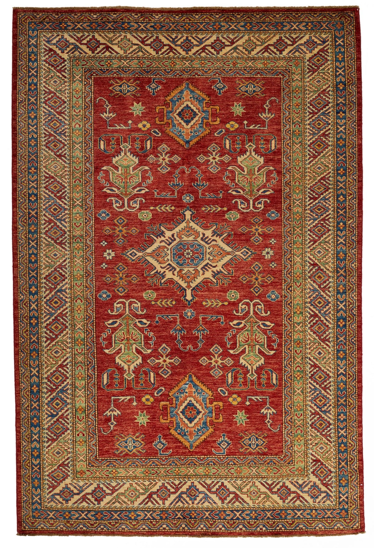 6x8 Red and Multicolor Kazak Tribal Rug