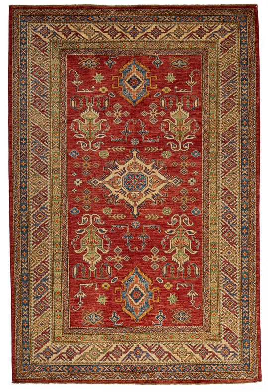 6x8 Red and Multicolor Kazak Tribal Rug