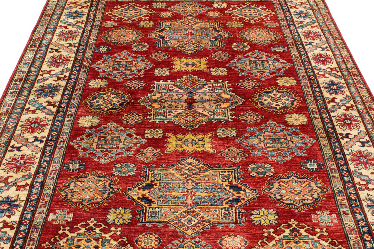 6x8 Red and Ivory Kazak Tribal Rug