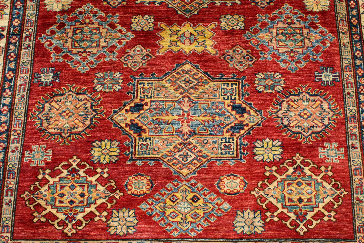 6x8 Red and Ivory Kazak Tribal Rug
