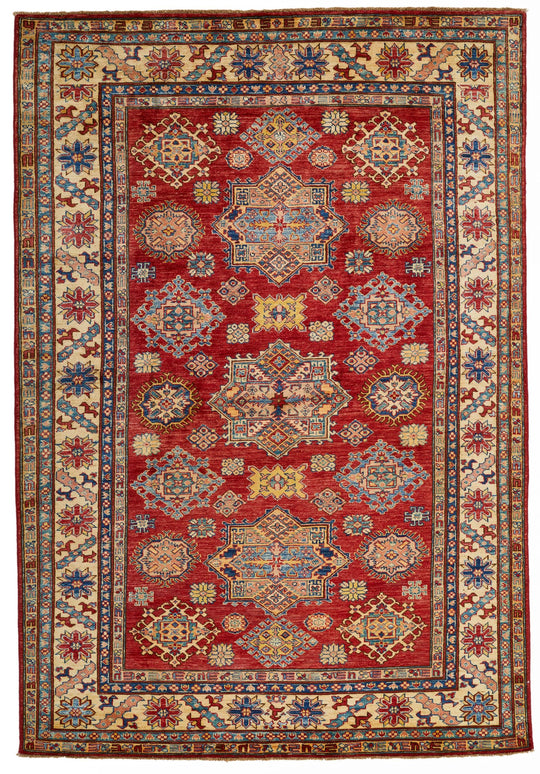 6x8 Red and Ivory Kazak Tribal Rug