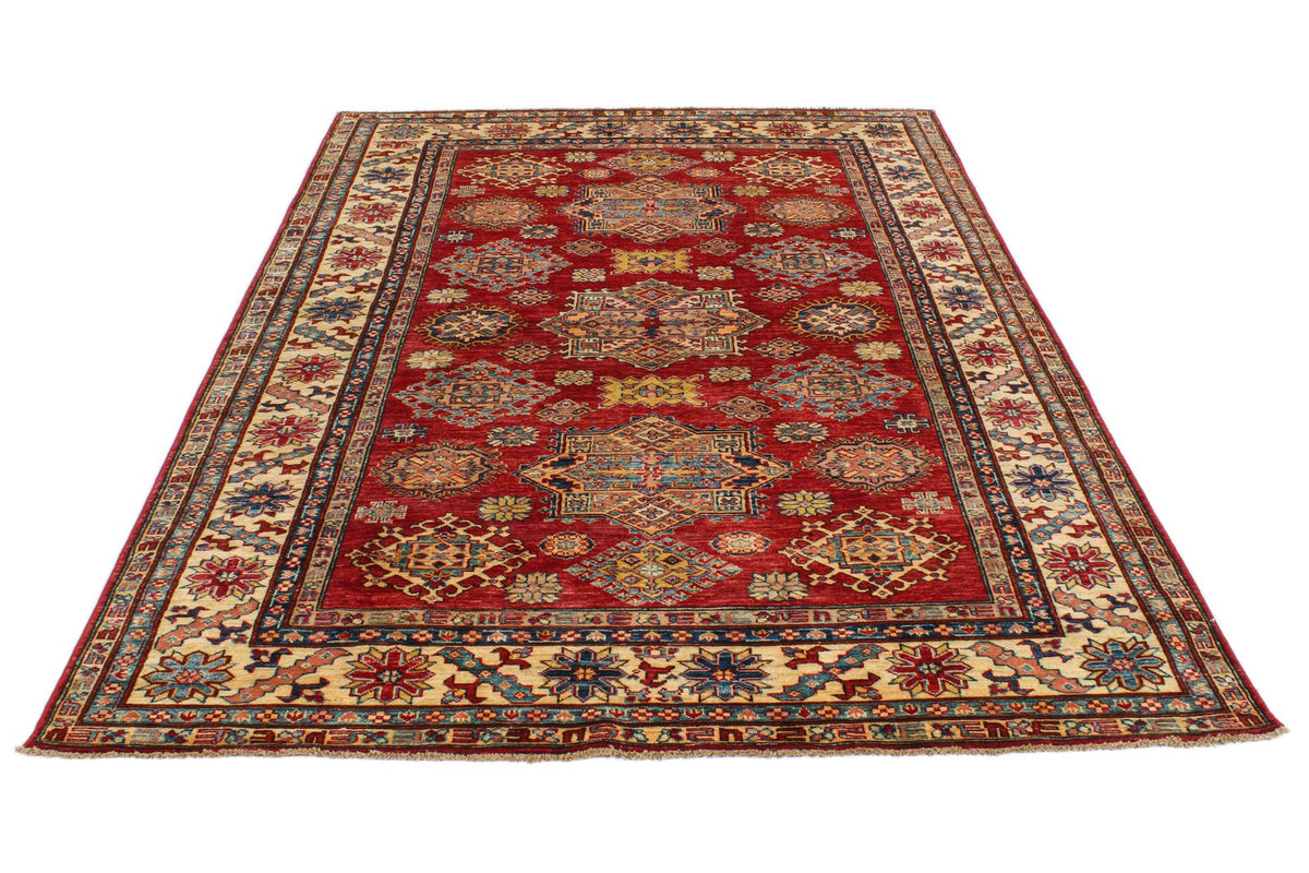 6x8 Red and Ivory Kazak Tribal Rug