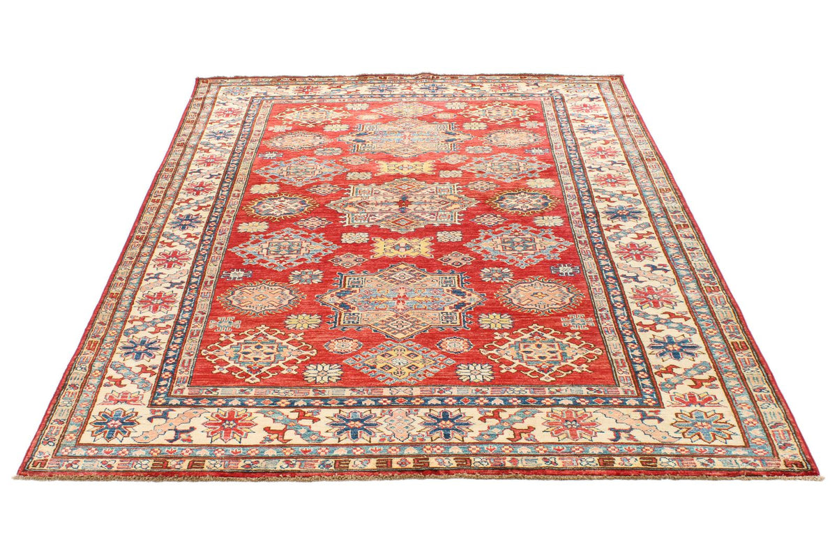 6x8 Red and Ivory Kazak Tribal Rug