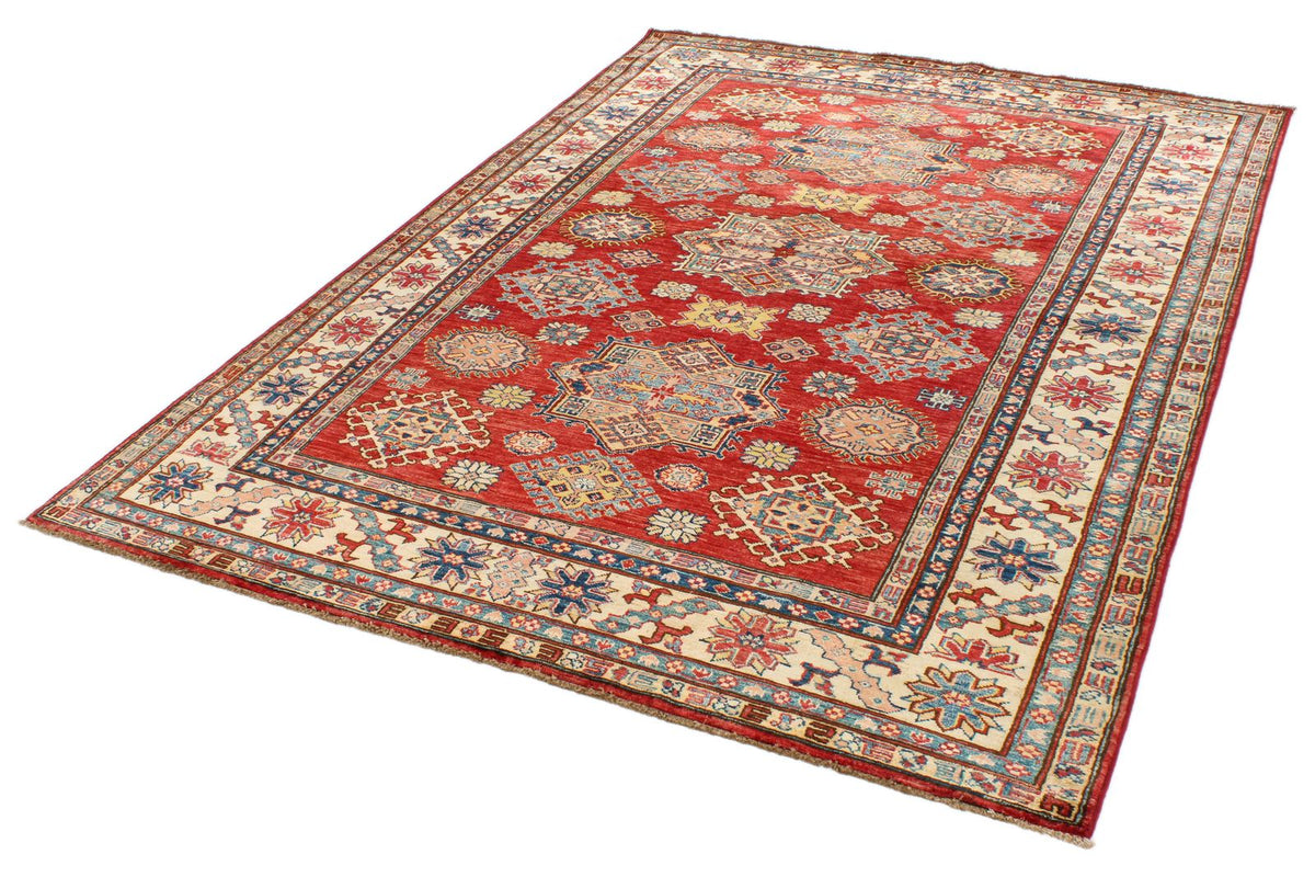 6x8 Red and Ivory Kazak Tribal Rug