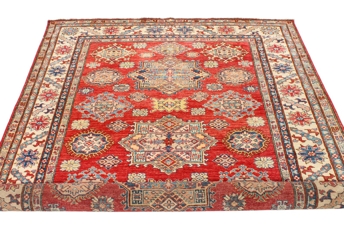 6x8 Red and Ivory Kazak Tribal Rug