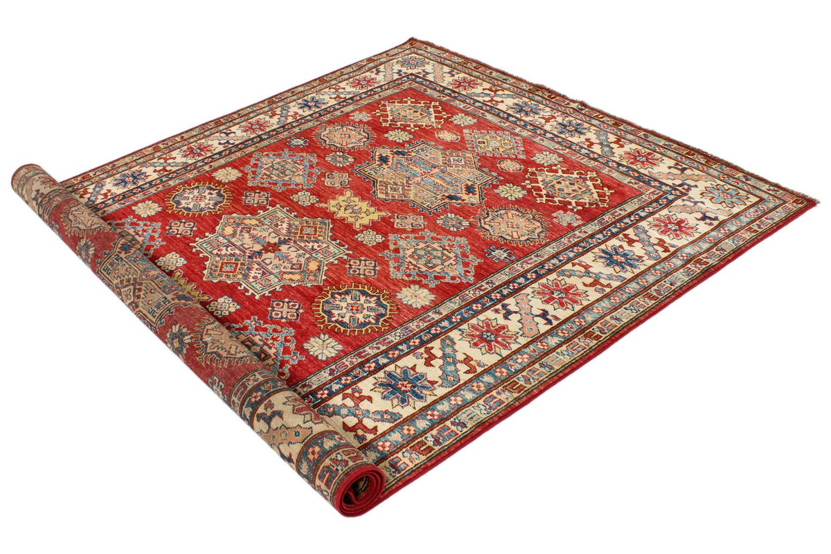 6x8 Red and Ivory Kazak Tribal Rug