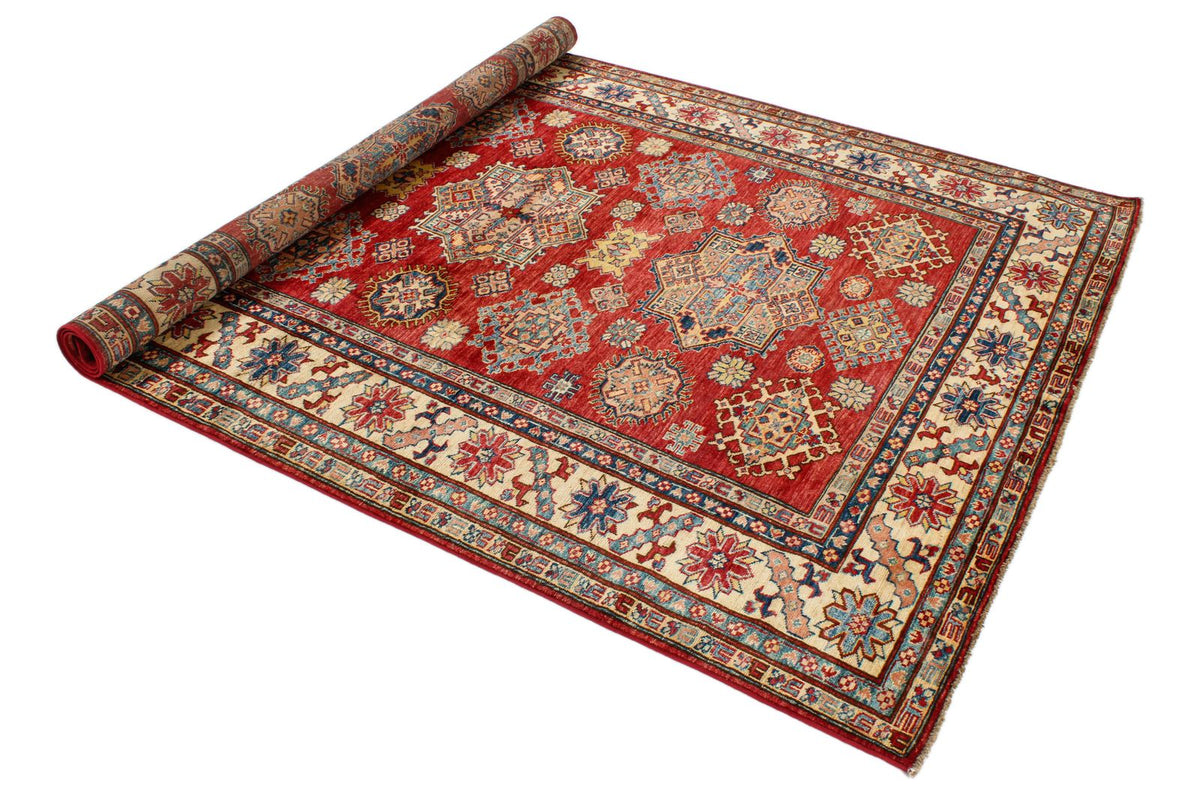 6x8 Red and Ivory Kazak Tribal Rug