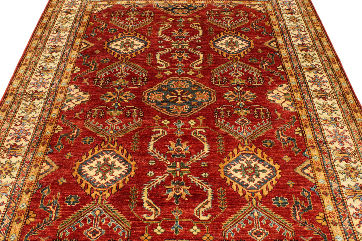 6x8 Red and Ivory Kazak Tribal Rug