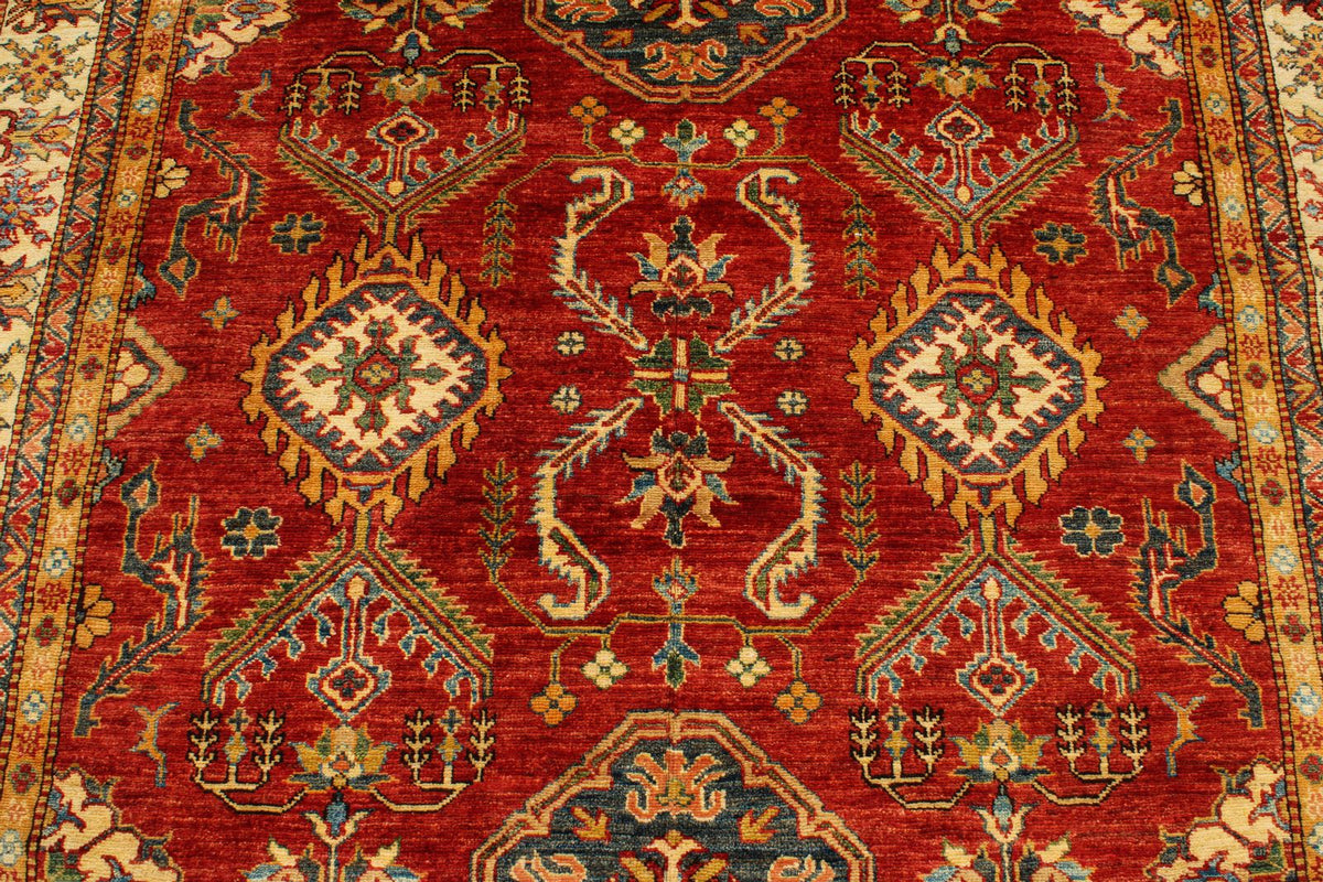 6x8 Red and Ivory Kazak Tribal Rug