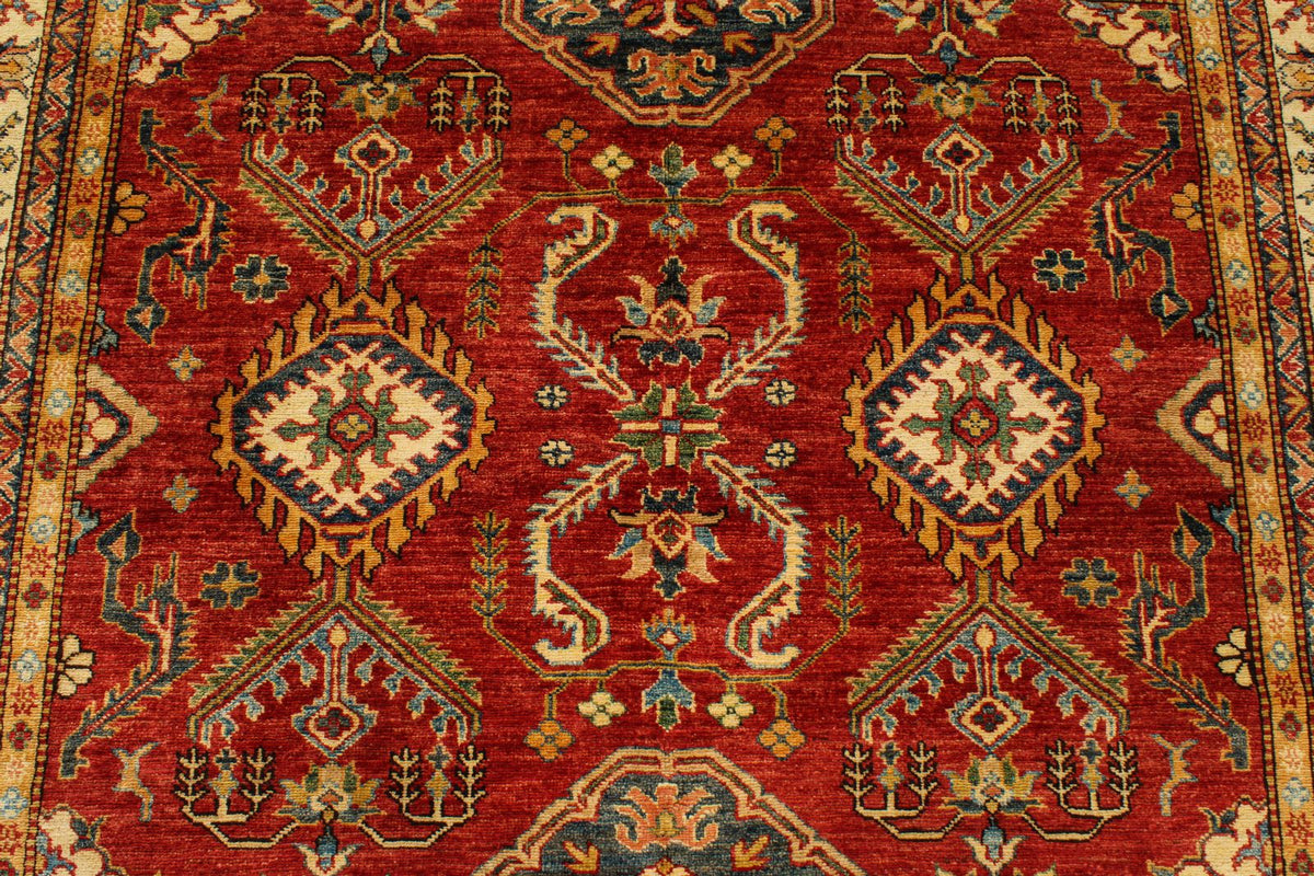 6x8 Red and Ivory Kazak Tribal Rug