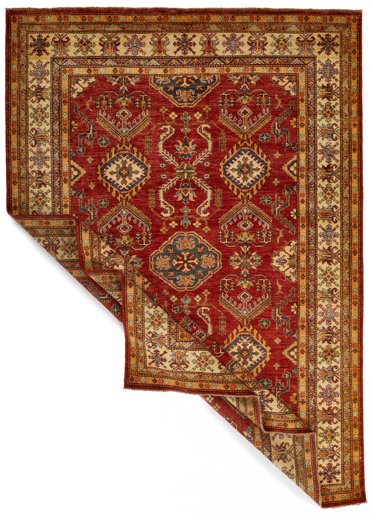6x8 Red and Ivory Kazak Tribal Rug