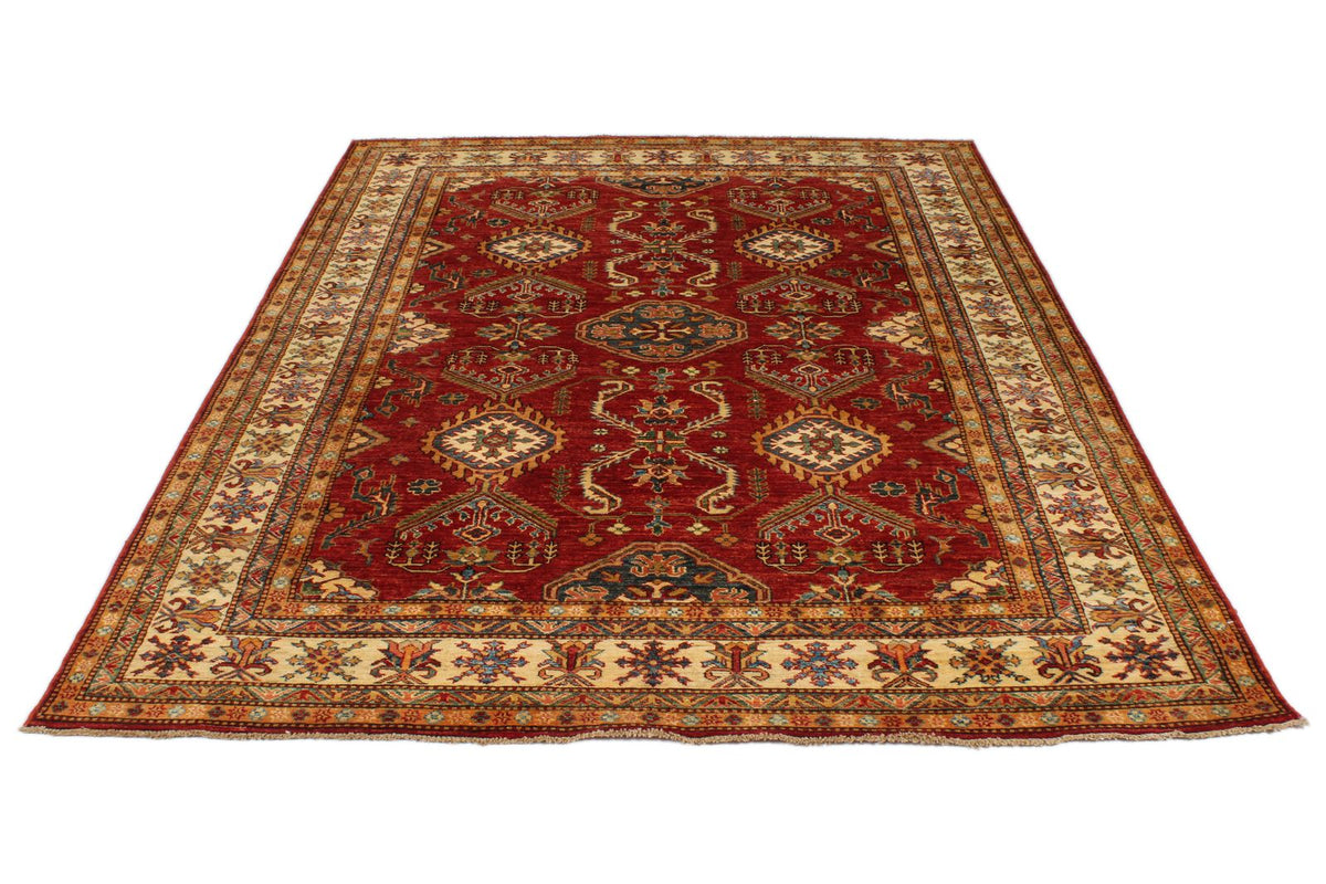 6x8 Red and Ivory Kazak Tribal Rug