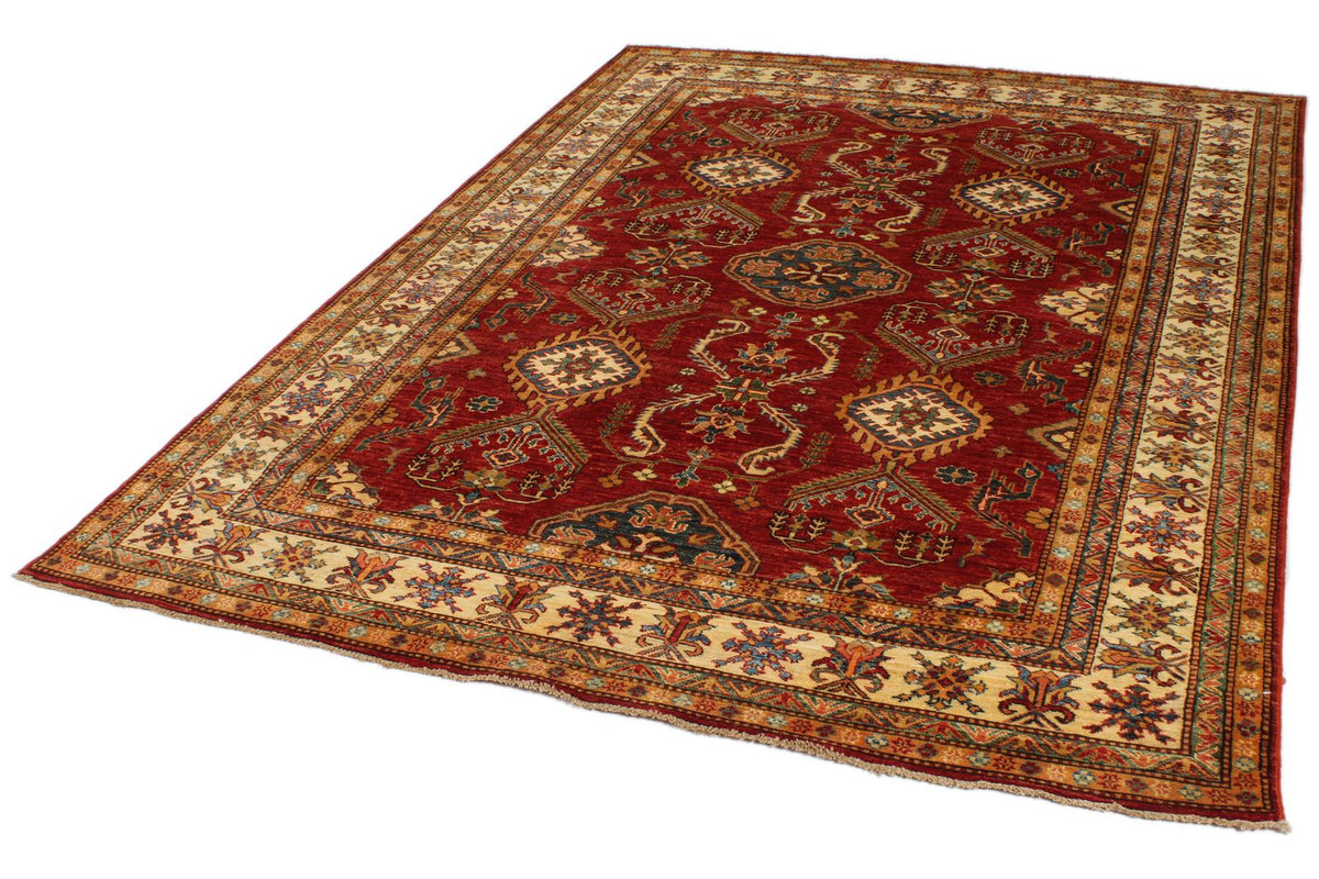 6x8 Red and Ivory Kazak Tribal Rug