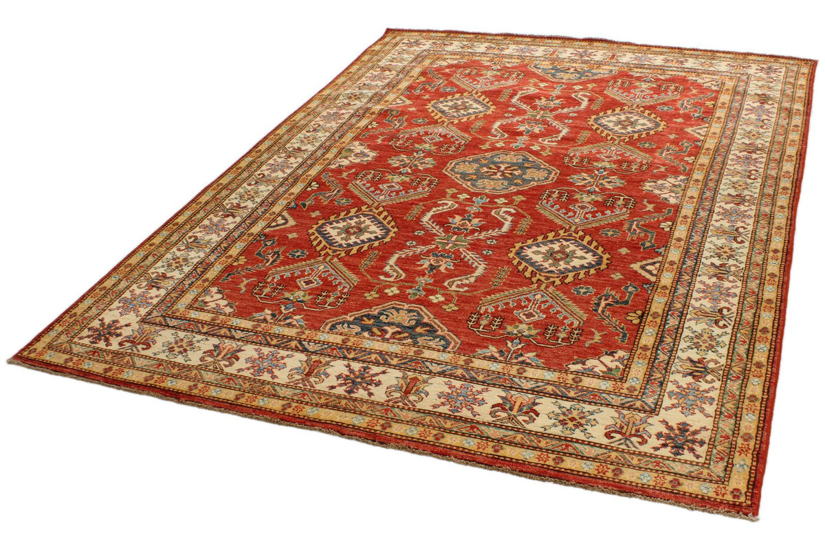 6x8 Red and Ivory Kazak Tribal Rug