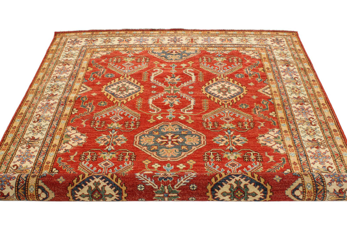 6x8 Red and Ivory Kazak Tribal Rug