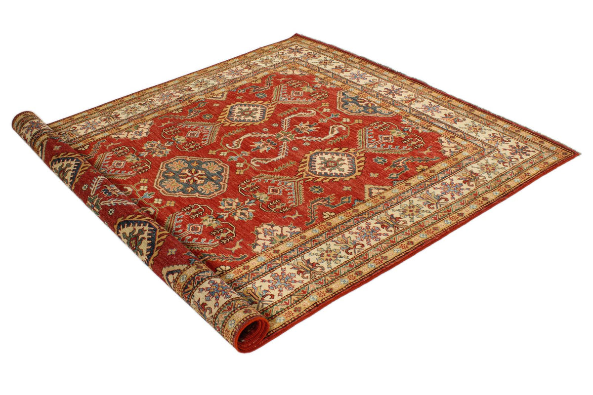 6x8 Red and Ivory Kazak Tribal Rug